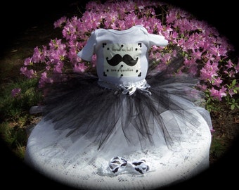 Custom made Boutique Pageant 3pc Mustache infant tutu set with matching hairbow size 12 month black and white
