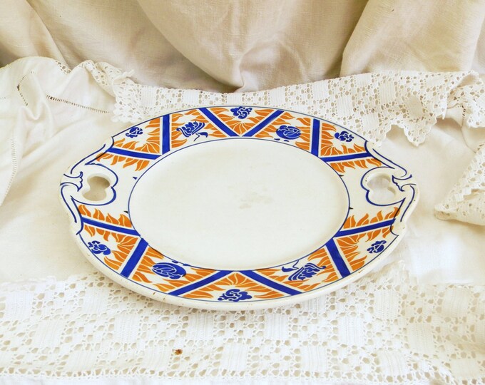REDUCED TO CLEAR Antique Large French Ironware Ceramic Cake Plate with Art Nouveau Motif, Shabby Chic, Cottage Chic, Chateau, Vintage Reto