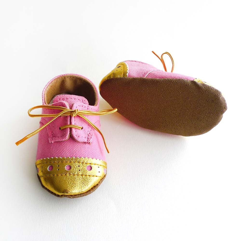 Baby Girl Shoes Bright Pink Canvas with Gold Brogued Leather