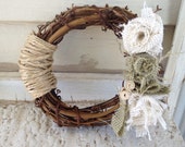 SALE Small Burlap & Ivory Wreath, Small Gift, Gift for Her, Mother's Day, Small Wreath, Burlap Wreath