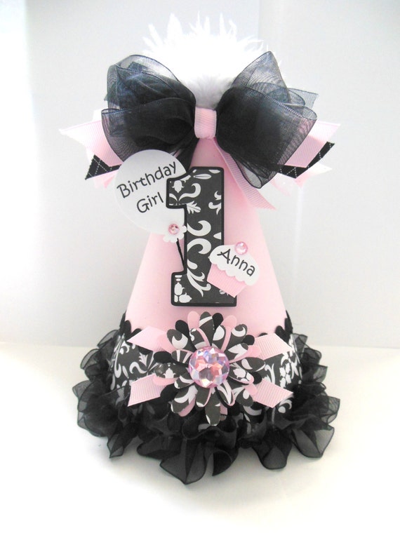 Lil' Paris Party - Pink, Black and White Damask Birthday Party Hat - Personalized Il_570xn