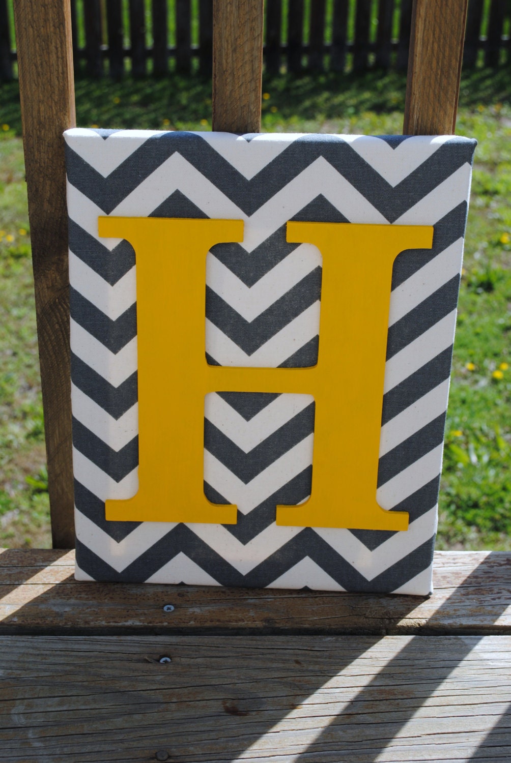 Personalized Grey Chevron With Yellow Initial Canvas Wall Art