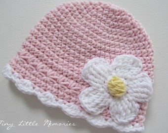Baby Crochet Hat, Baby Girl Hat with Flower, Pink Hat with Daisy, COLOR of your CHOICE, Baby/Toddler Girl Hat - Newborn, Up to 12 Months