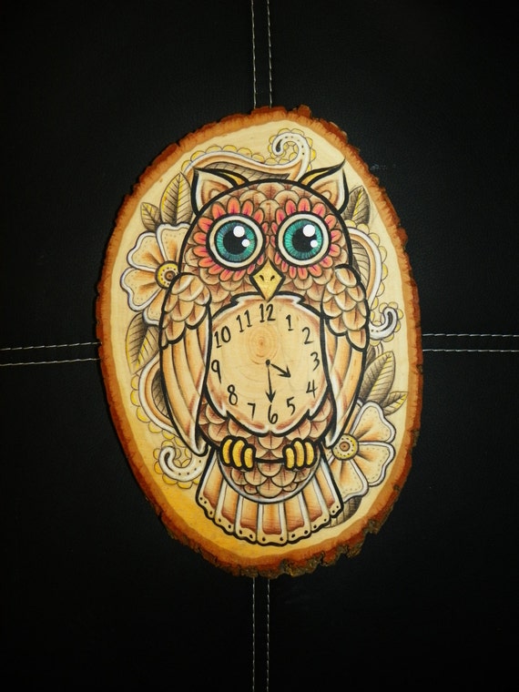 Items similar to owl clock painting tattoo style on wood plaque on Etsy
