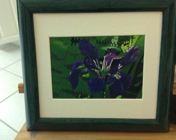 5" x 7" acrylic painting of Wild Iris - framed in a 10 1/2" x 11" frame with a cream matte.