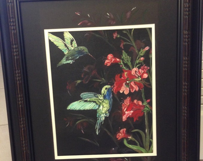 Hummingbirds Feeding -Black Painted Matte - 21 x 27 Black and Cherry Frame
