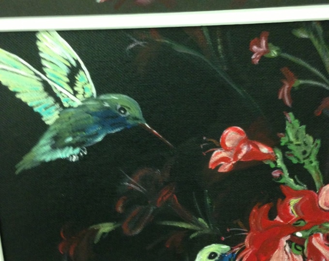 Hummingbirds Feeding -Black Painted Matte - 21 x 27 Black and Cherry Frame