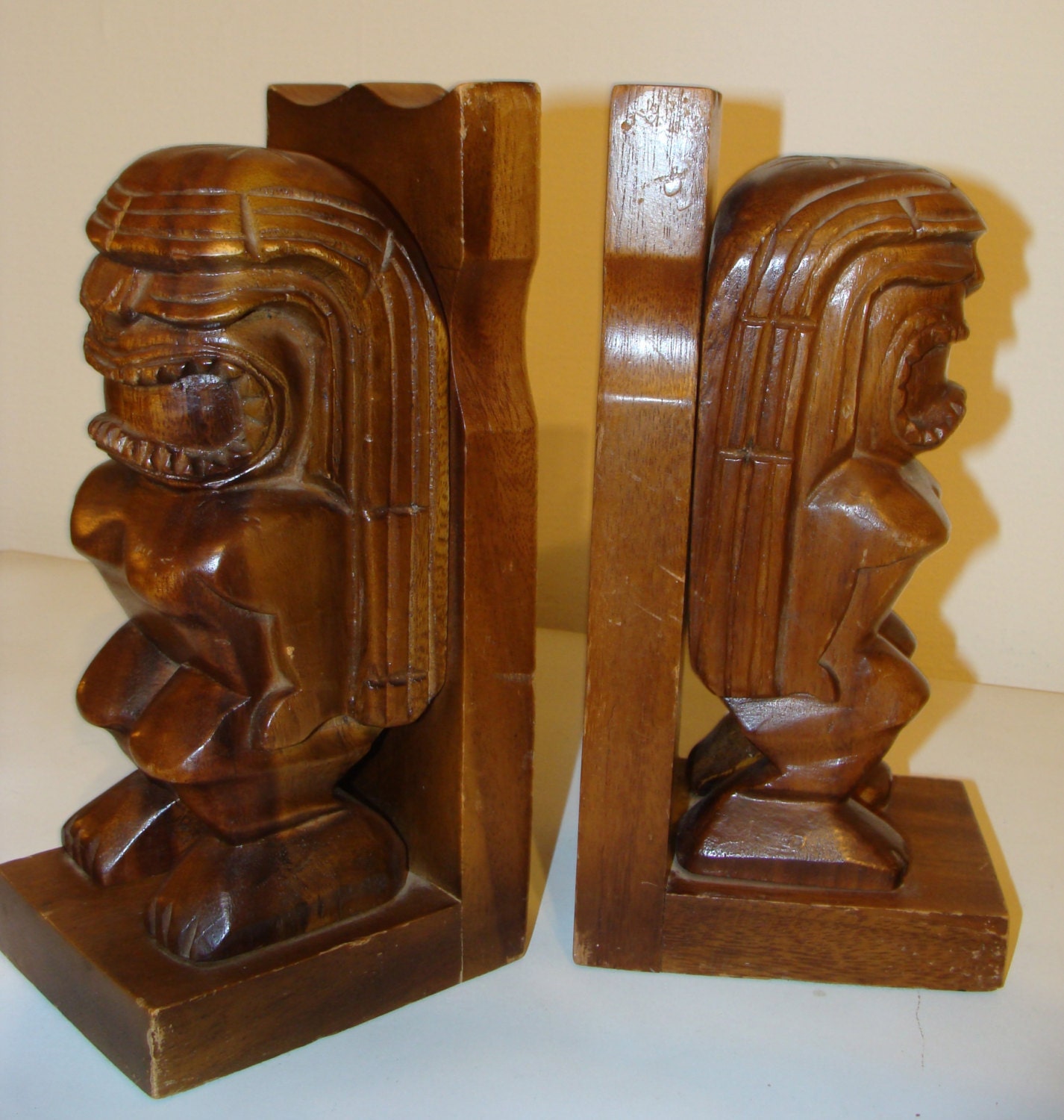 Large Vintage Totem Carved Wood Bookends Tiki Idol by studio180