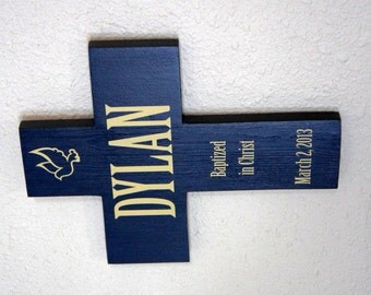 Baptized in Christ Personalized Wood Cross shown Navy & Ivory great baptism gift for boy or girl - birthday gift name and date