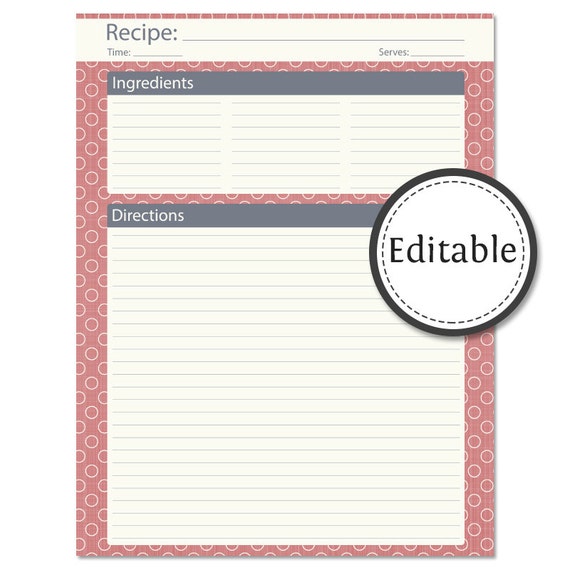 Recipe Card Full Page Fillable Instant download