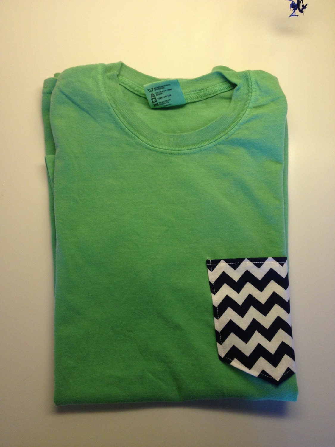 Lime green comfort colors pocket tshirt with navy blue chevron