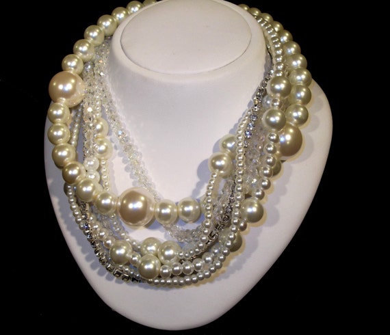 Items Similar To Chunky Layered Ivory Pearl Necklace With Rhinestones Brides Bridesmaids On Etsy