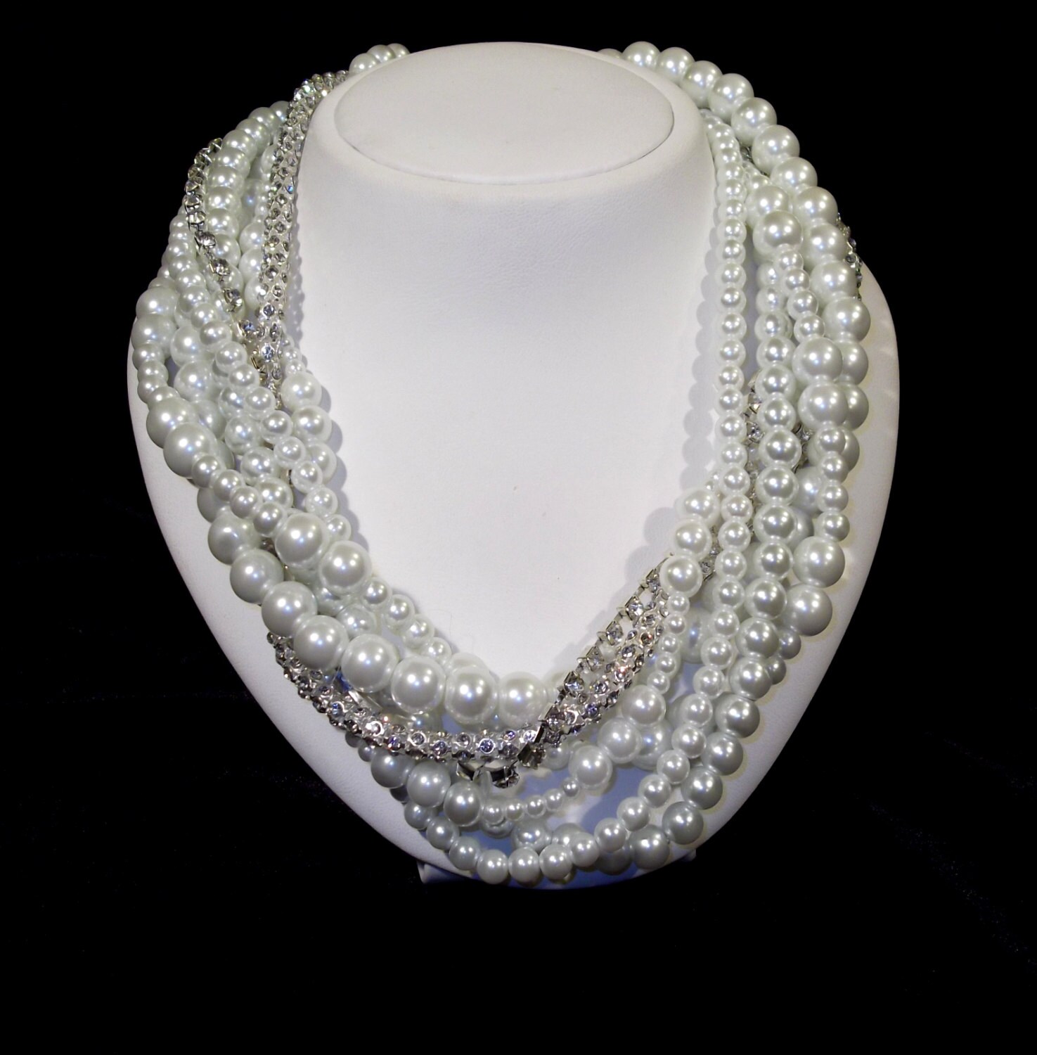 Chunky Layered Ivory Pearl Necklace With Rhinestones Brides