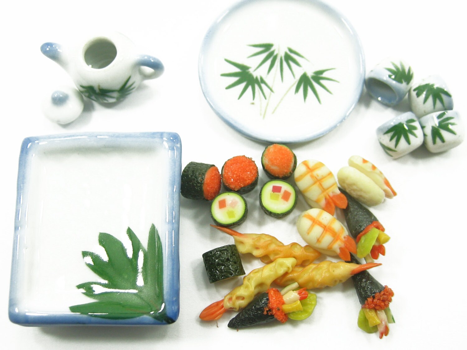 Dollhouse Miniature Food Japanese Sushi Tea Set On Ceramic