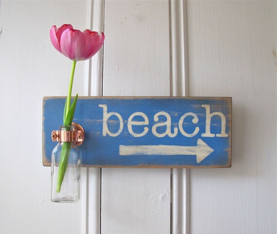 Wall Flower Vase, Antique Bottle, Beach Sign, Copper Hanger, Home Decor, Beach Decor, Hand painted, Greek Blue, Chalk Paint,