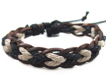 Cotton Ropes Bracelet with Real Leather Women Leather Cuff Bracelet Men ...