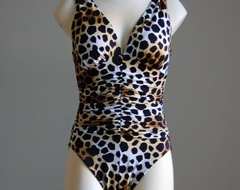 80s leopard print maillot swimsuit | scrunched waist one piece maillot