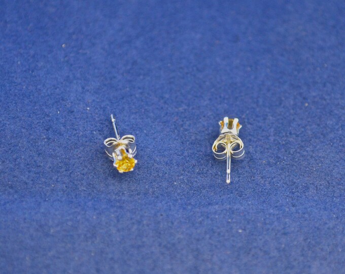 Yellow Sapphire Stud Earrings, Dainty 3mm round, Natural, set in Sterling E341