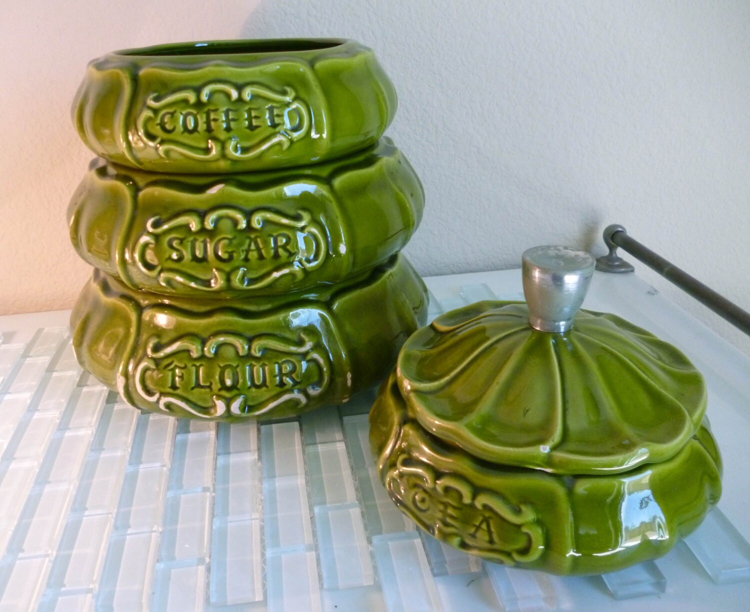 Green Pottery Canister Stacking Set Ceramic Treasure Craft