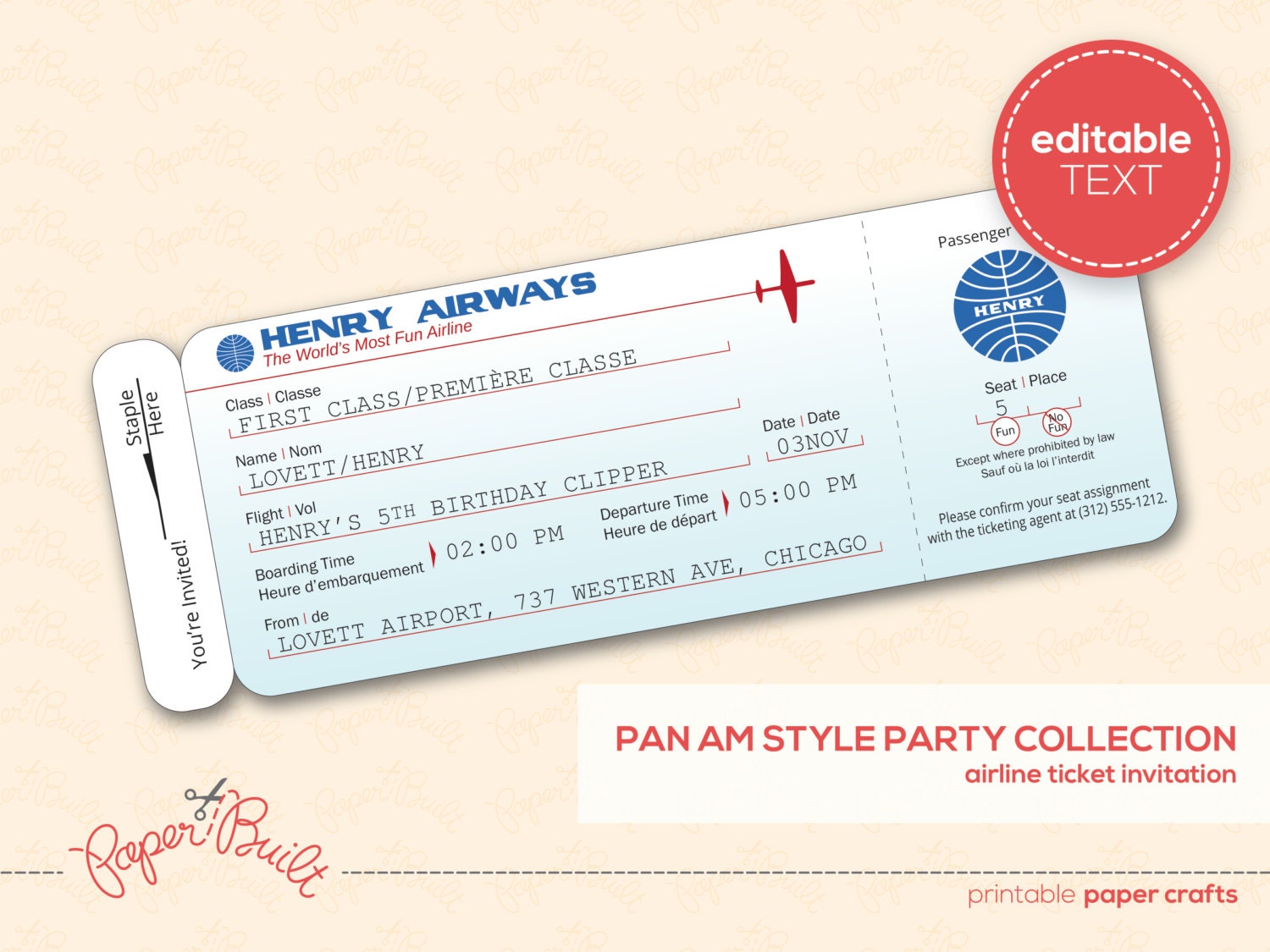 printable airplane birthday party airline ticket by