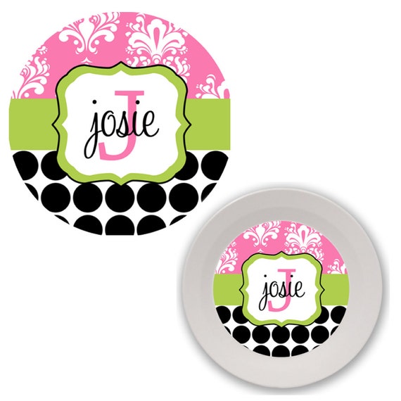 personalized kids plate and bowl set 2 pieces polka dot