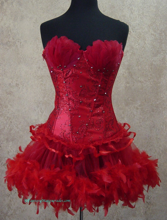 Size M-2pc Red Feather Moulin Burlesque Rouge Costume Can Can