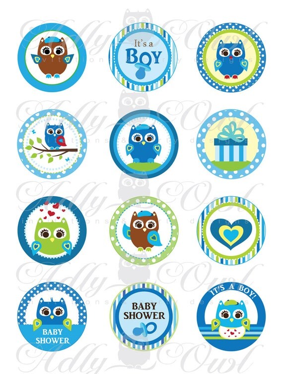 Blue Owl Baby Shower Cupcake Toppers or Favor Tags Printables DIY, it's a boy owl green brown tags - ONLY digital file - you print Il_570xn
