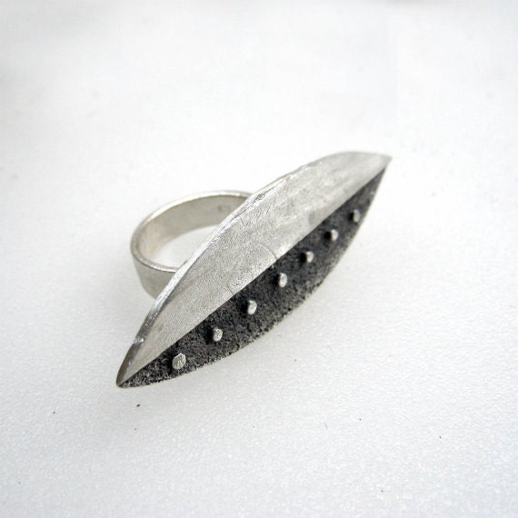 Oval Pointed Adjustable Sterling Silver Ring half Oxidized