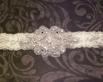Womens Ivory Lace Rhinestone Headband GORGEOUS! Vintage Bridal Headband - Prom Headband - - Flower Girl Headband - Bridesmaid Headband
