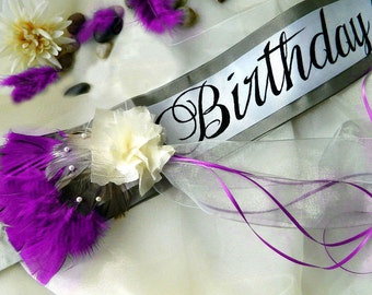 Birthday Sash "Allure" with Flower Accent - Custom Colors and Message for 18th Birthday, 21st Birthday, 30th Birthday