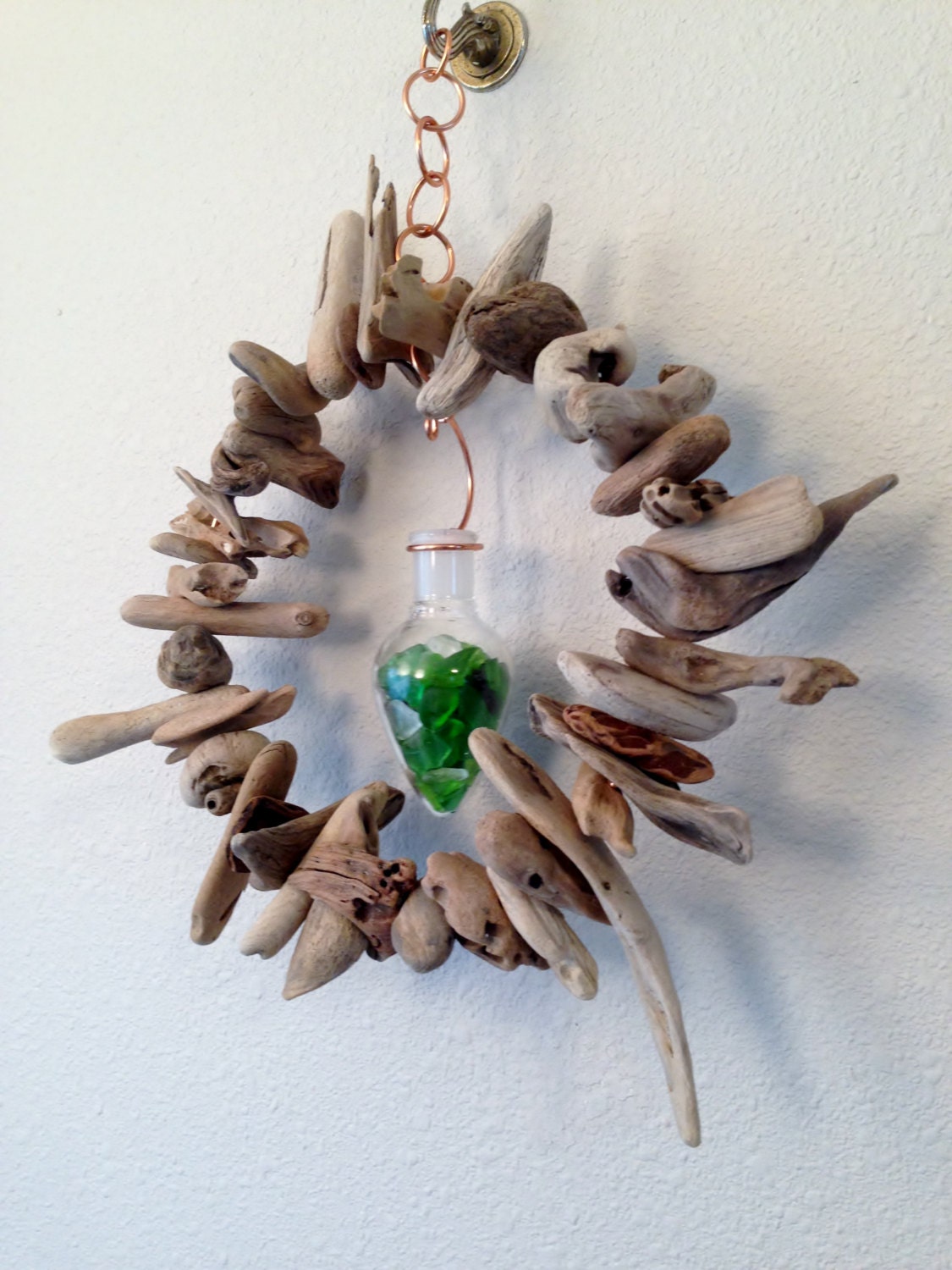 Driftwood Mobile Hanging Beach Sculpture With Sea Glass