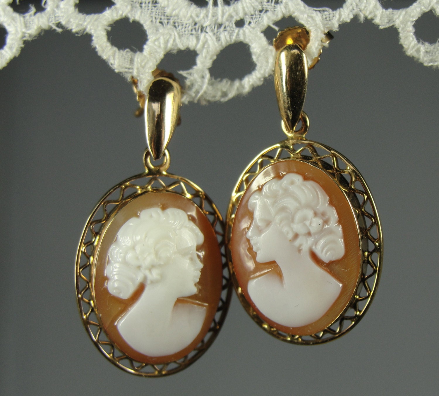 Vintage Cameo Earrings Fine Shell 14k Gold Filigree Earrings