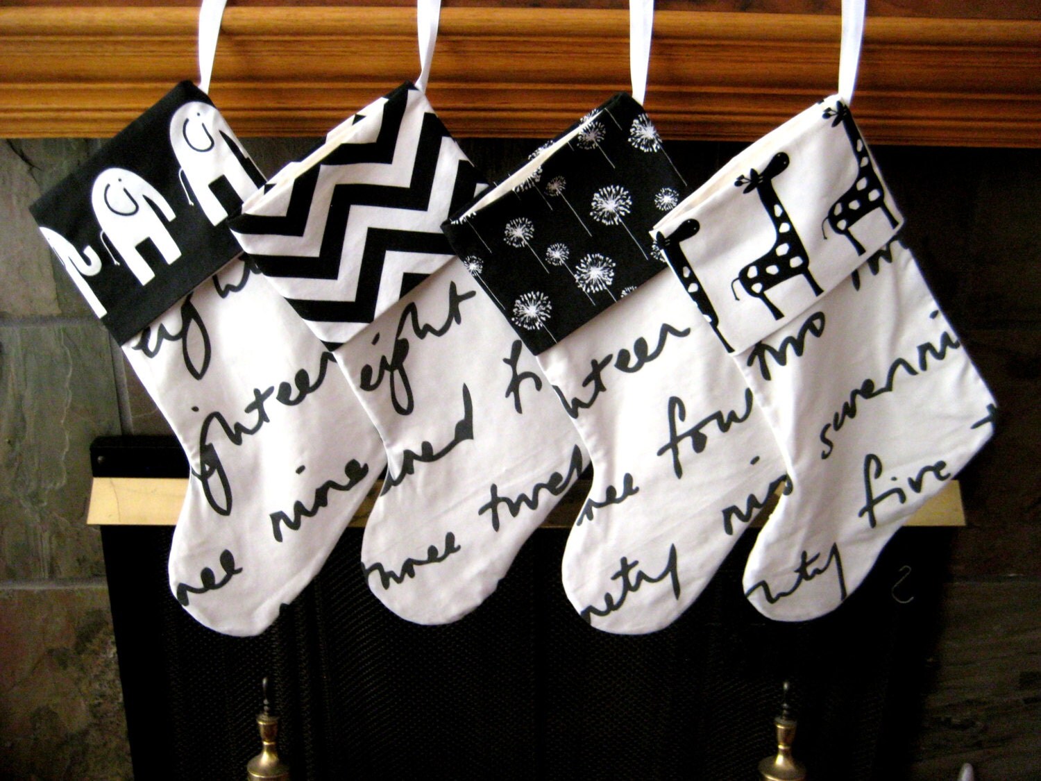 Black and White Christmas Stockings Set of 4 READY TO SHIP