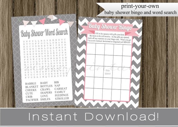 Baby Girl Shower Games Bingo and Word Search Cards gray chevron and pink INSTANT DOWNLOAD diy digital printable files , babyshower Il_570xn