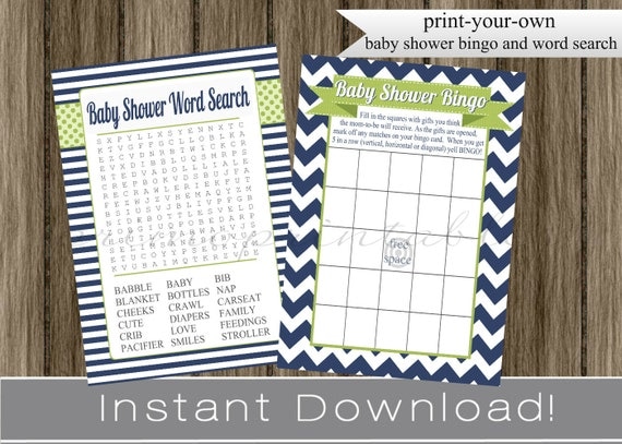 Baby Boy Shower Games Bingo and Word Search Cards navy blue and green INSTANT DOWNLOAD diy digital printable files , babyshower Il_570xn