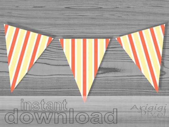 summer party bunting banner, printable pennant, orange yellow stripes, instant download Il_570xn