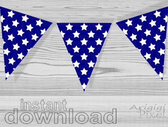 blue pennant with white stars, printable bunting banner, party garland, patriotic, holiday, 4th July Il_570xn