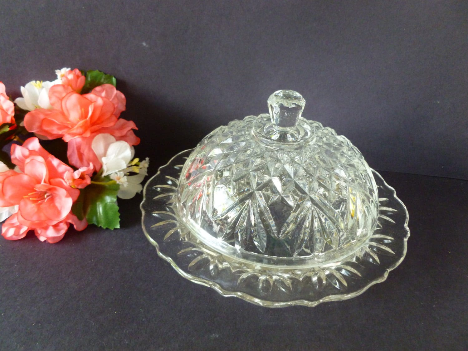 Vintage Cut Glass covered Butter Dish by Anchor Hocking