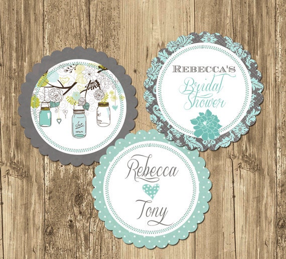 Mason Jar Teal Bridal Shower Party Rounds Cupcake Toppers- Printable Il_570xn