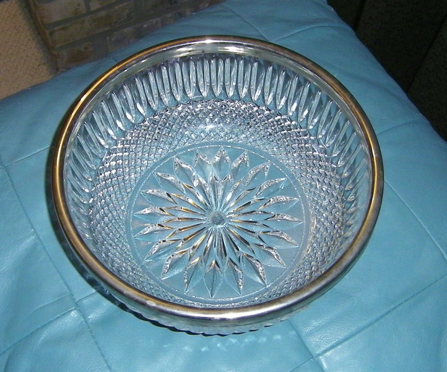 REDUCED Antique Large Cut Glass Bowl with Metal Rim