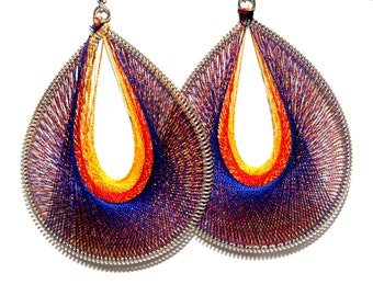 Handmade Threaded Earrings, Blue, Red Yellow Earrings, Bohemian Earrings, Ethnic Earrings, Artistic Earrings, Gipsy Jewelry