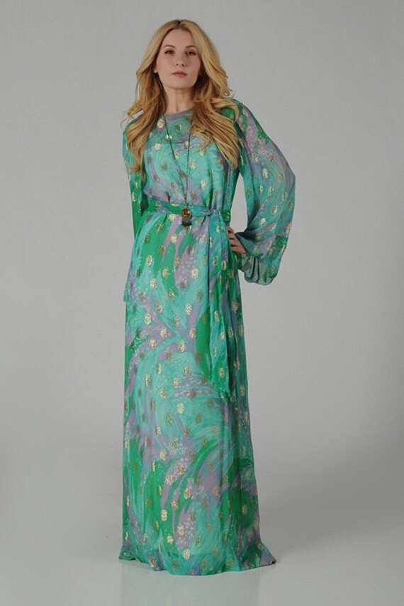 vintage 70s BELL SLEEVE chiffon SILK Caftan Maxi Dress M