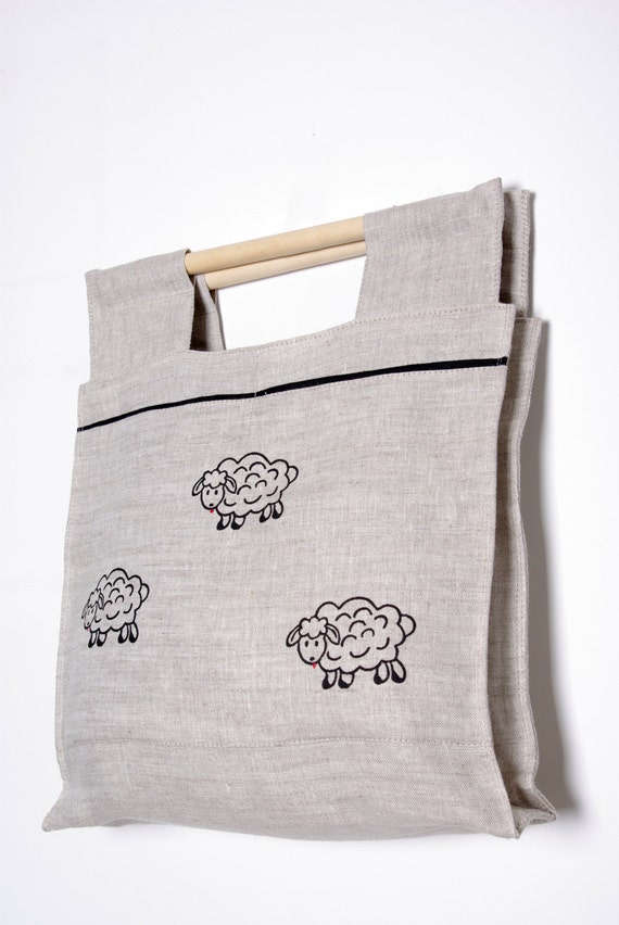 Items similar to SALE Linen tote bag with wooden handles Sheep on Etsy