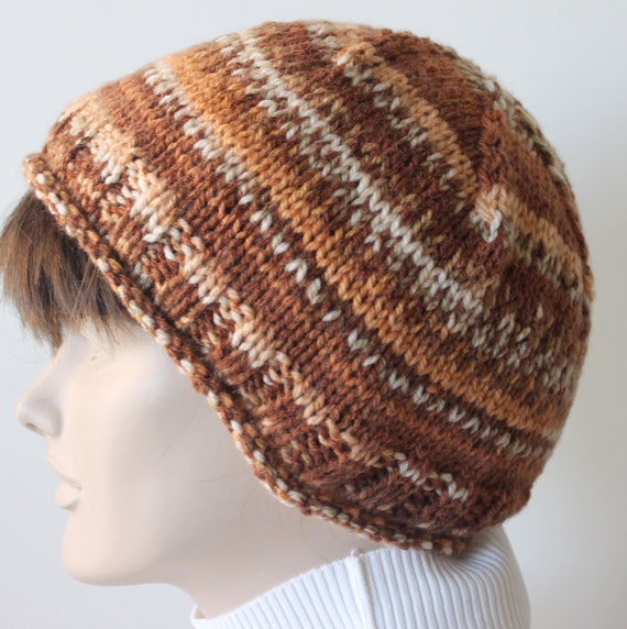 Items similar to Hand Knit Shades of Brown Hat With Big Button / Ready