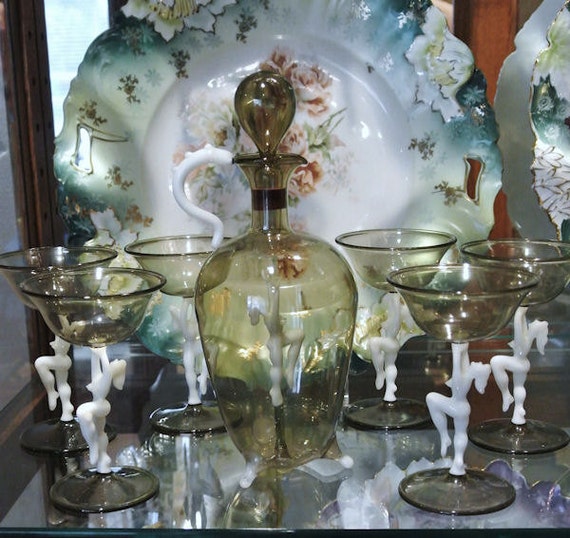 Austrian Art Deco Decanter Set Bimini Austria Art Glass Nude Risque Decanter Set Hand Blown Glass by Fritz Lampi 1930s Barware Drinking Bar