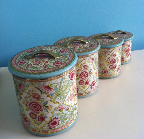 Vintage Tin Canister Set Floral Shabby Chic Aqua Pink Cream