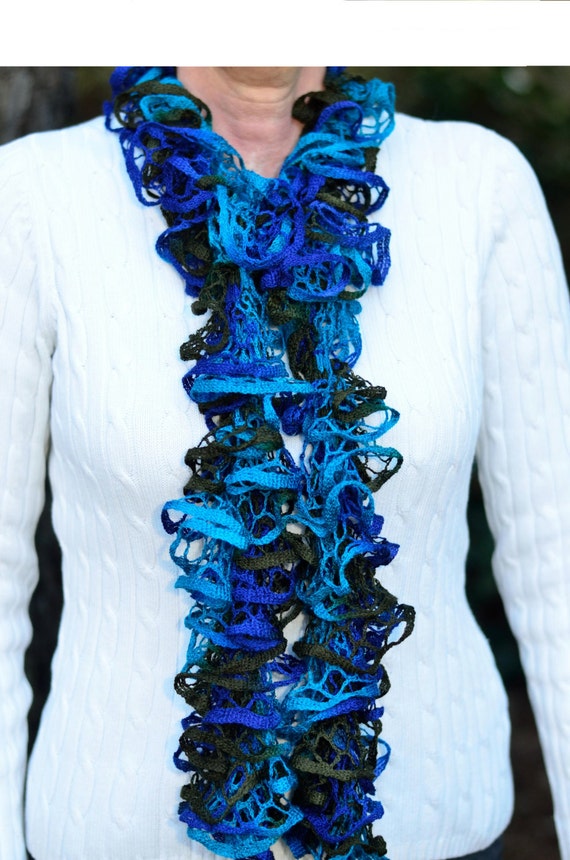 Ribbon Scarf Long Blue With Dark Green Hand Knit Ribbon Woman