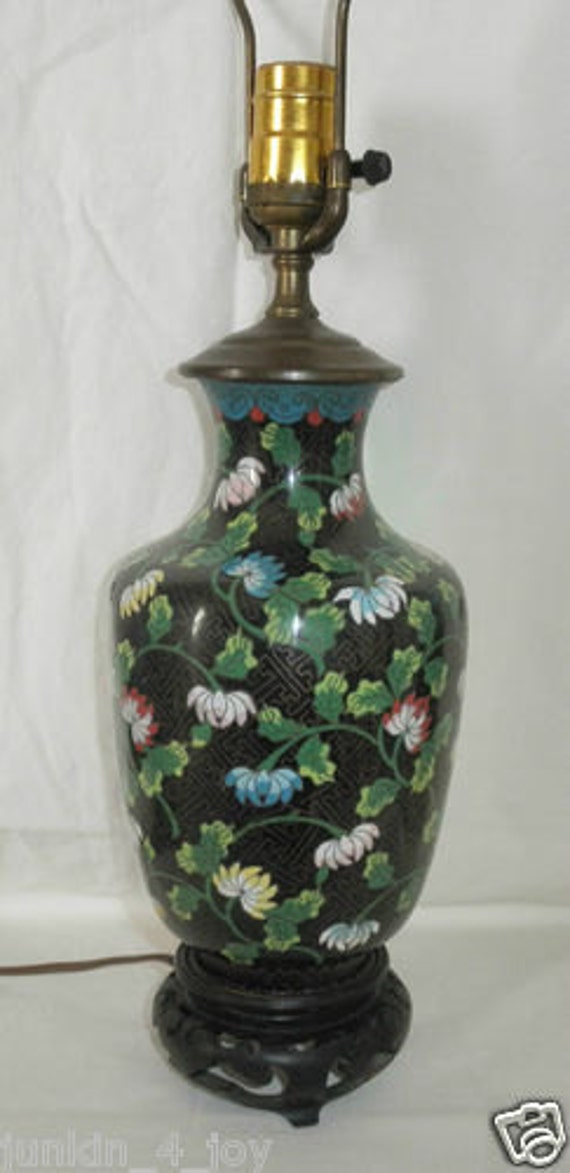 Antique CLOISONNE Table LAMP Black FLORAL by JUNKIN4JOY on Etsy