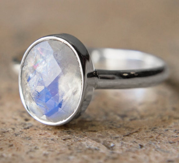 Faceted Oval Rainbow Moonstone Ring Sterling Silver