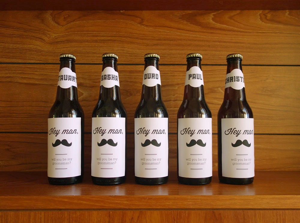 Will you be my groomsman : adhesive label for beer bottle.